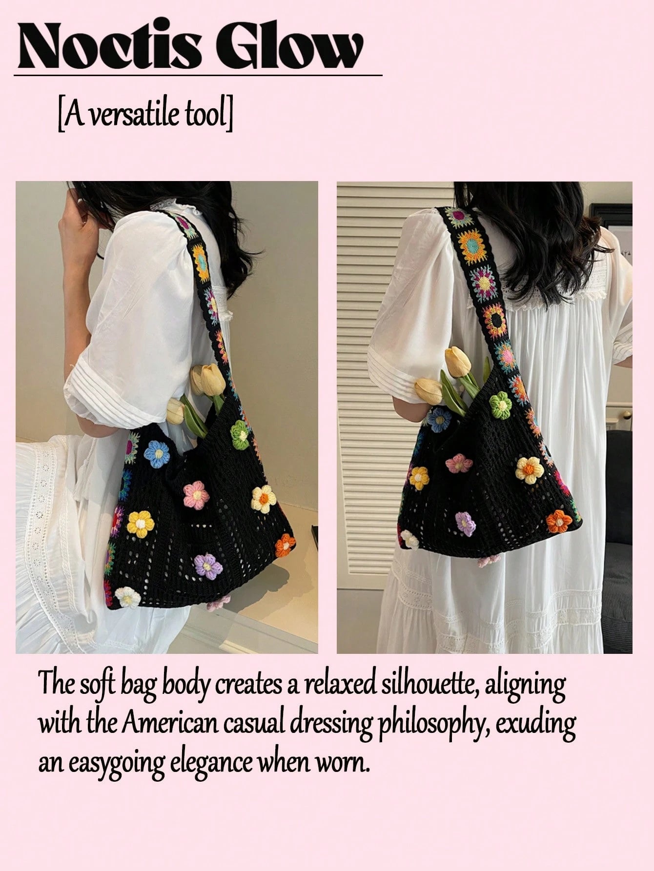 Retro Hand-Crocheted Crossbody Bag Bohemian Hollow-Out Floral Contrast Color Tote Bag Large Capacity Beach Bag Functional Boho Bag For Shopping Travel