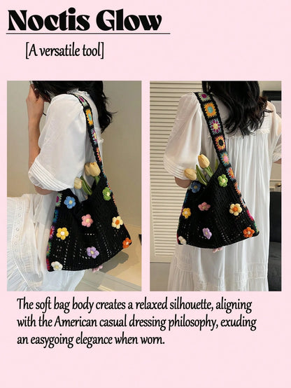 Retro Hand-Crocheted Crossbody Bag Bohemian Hollow-Out Floral Contrast Color Tote Bag Large Capacity Beach Bag Functional Boho Bag For Shopping Travel