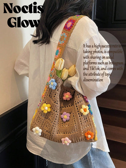 Retro Hand-Crocheted Crossbody Bag Bohemian Hollow-Out Floral Contrast Color Tote Bag Large Capacity Beach Bag Functional Boho Bag For Shopping Travel