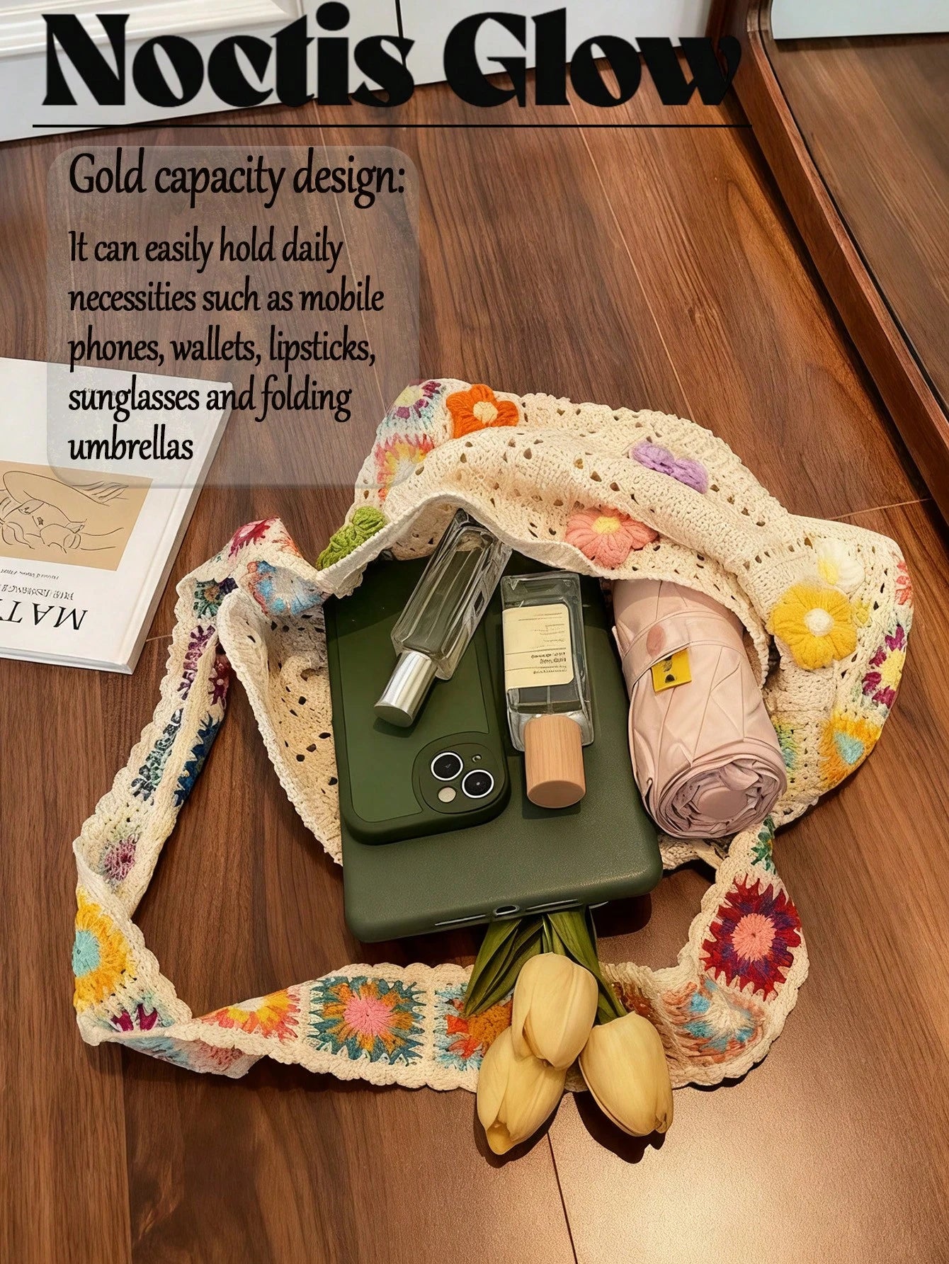 Retro Hand-Crocheted Crossbody Bag Bohemian Hollow-Out Floral Contrast Color Tote Bag Large Capacity Beach Bag Functional Boho Bag For Shopping Travel