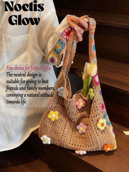 Retro Hand-Crocheted Crossbody Bag Bohemian Hollow-Out Floral Contrast Color Tote Bag Large Capacity Beach Bag Functional Boho Bag For Shopping Travel