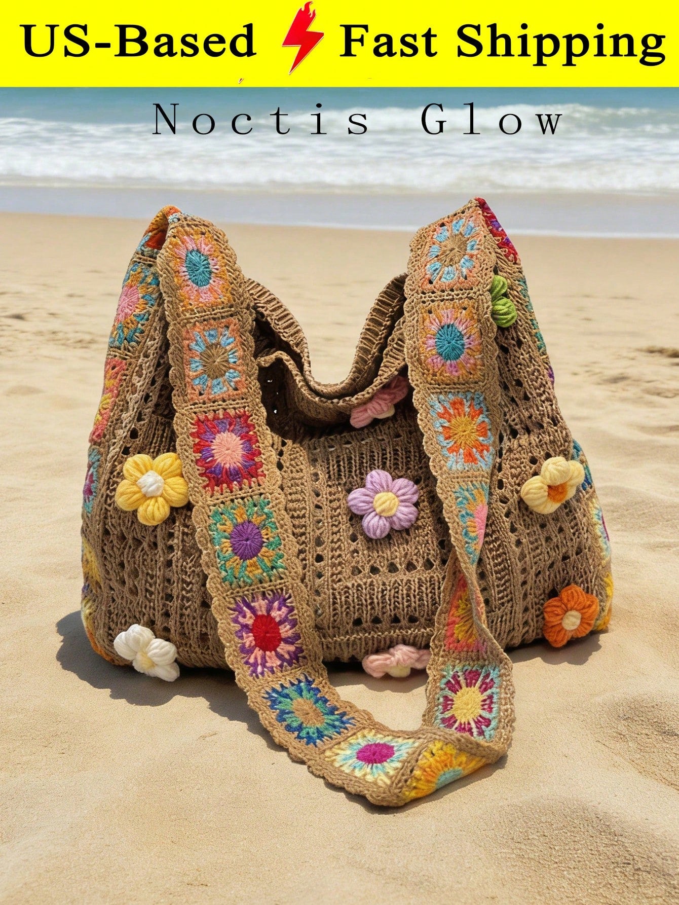 Retro Hand-Crocheted Crossbody Bag Bohemian Hollow-Out Floral Contrast Color Tote Bag Large Capacity Beach Bag Functional Boho Bag For Shopping Travel