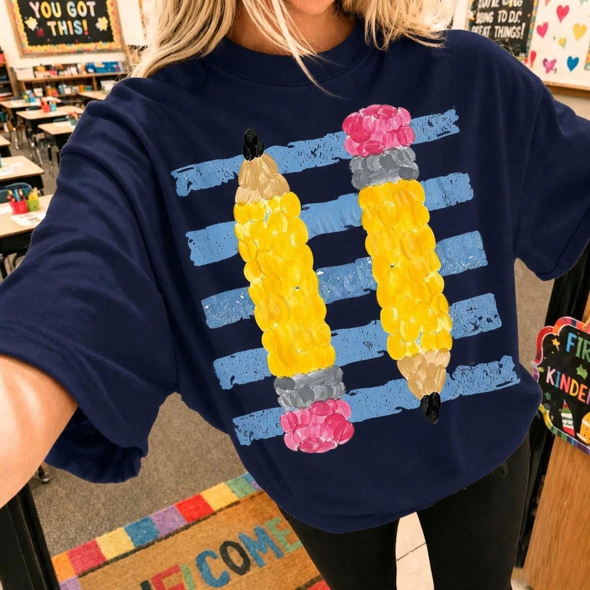 Retro Pencil Graphic Teacher Tee Cute Alphabet Print Classroom Top Breathable Cotton Casual Shirt For Educators Back To School