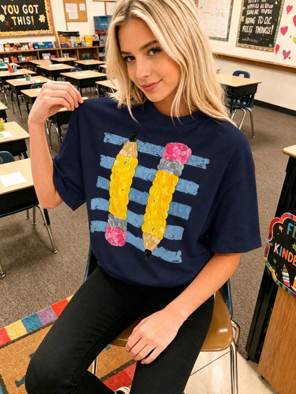 Retro Pencil Graphic Teacher Tee Cute Alphabet Print Classroom Top Breathable Cotton Casual Shirt For Educators Back To School