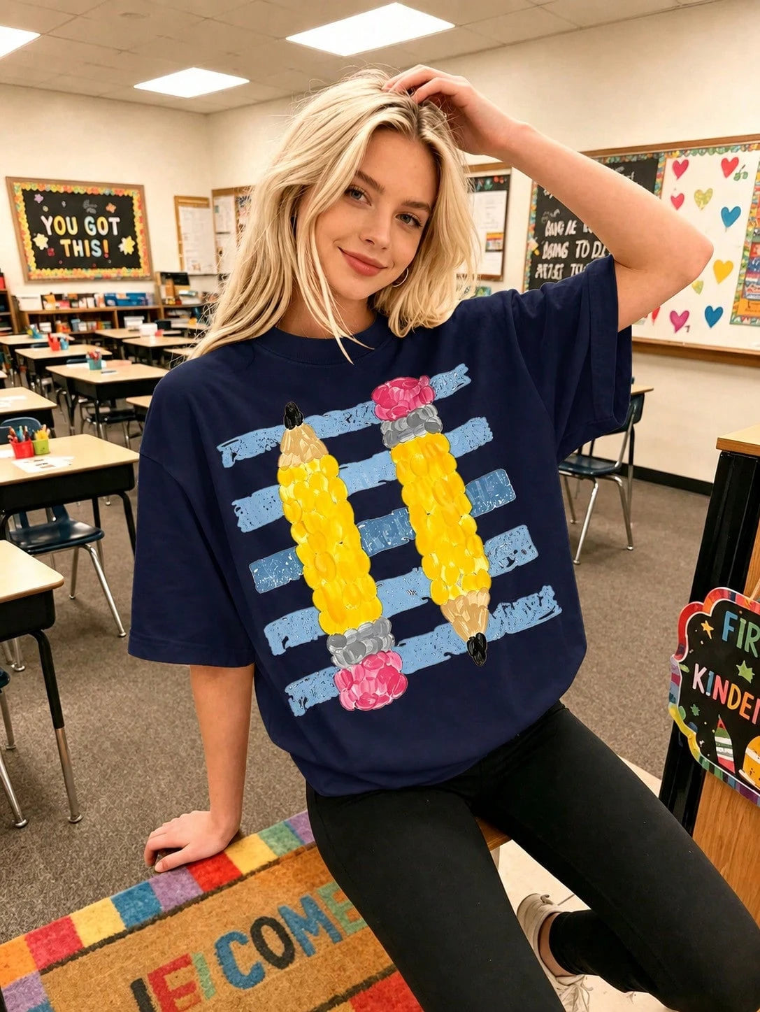 Retro Pencil Graphic Teacher Tee Cute Alphabet Print Classroom Top Breathable Cotton Casual Shirt For Educators Back To School