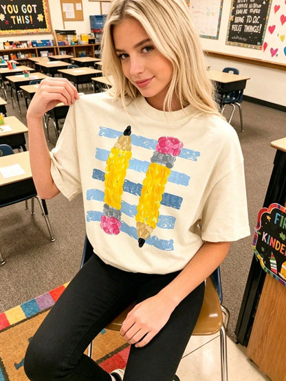 Retro Pencil Graphic Teacher Tee Cute Alphabet Print Classroom Top Breathable Cotton Casual Shirt For Educators Back To School