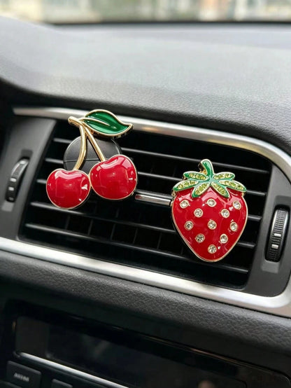 Rhinestone Cherry Double Heart Car Air Vent Aromatherapy Clip, Luxury Red Crystal Air Conditioner Fragrance Clip, Women's Car Decoration For Car Air Vent