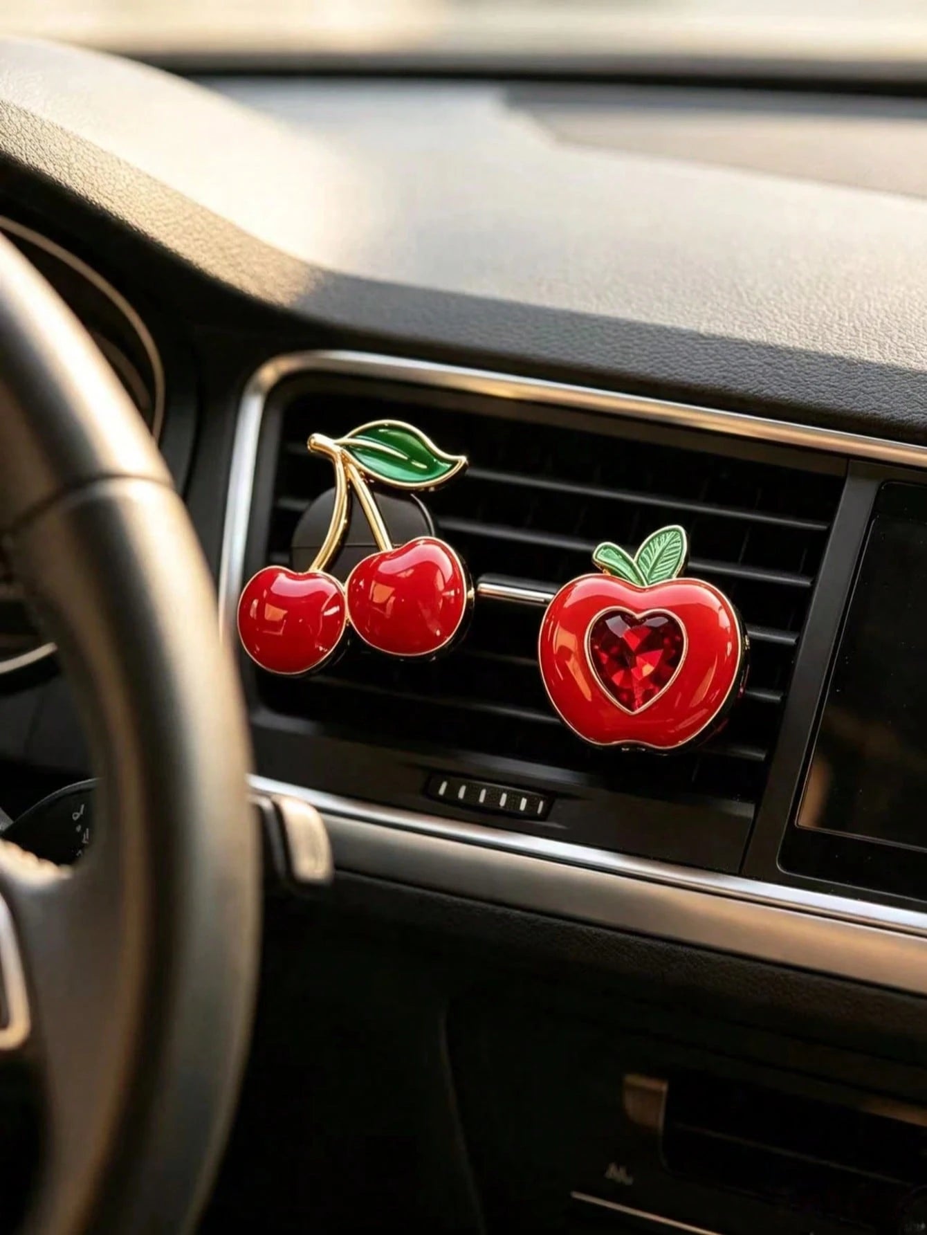 Rhinestone Cherry Double Heart Car Air Vent Aromatherapy Clip, Luxury Red Crystal Air Conditioner Fragrance Clip, Women's Car Decoration For Car Air Vent