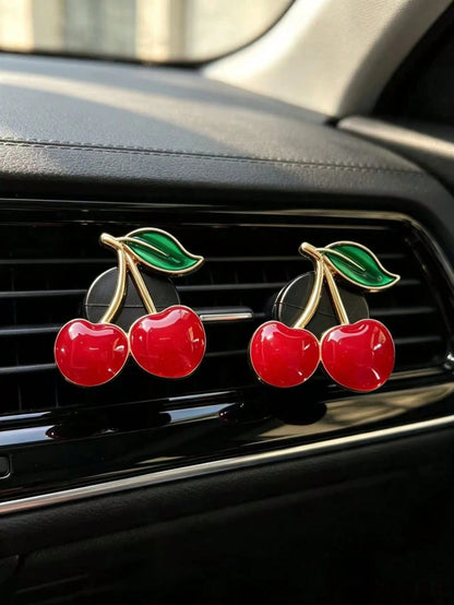 Rhinestone Cherry Double Heart Car Air Vent Aromatherapy Clip, Luxury Red Crystal Air Conditioner Fragrance Clip, Women's Car Decoration For Car Air Vent