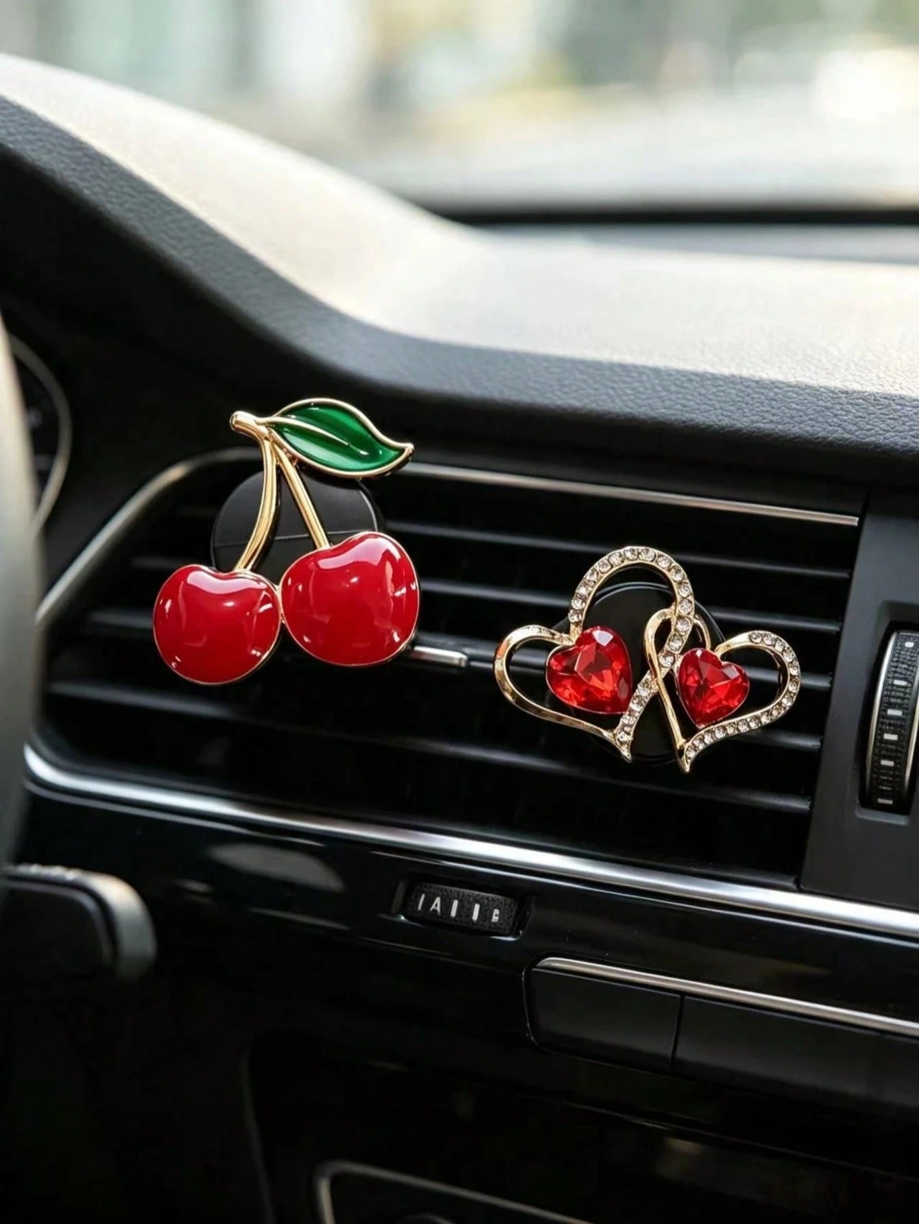 Rhinestone Cherry Double Heart Car Air Vent Aromatherapy Clip, Luxury Red Crystal Air Conditioner Fragrance Clip, Women's Car Decoration For Car Air Vent