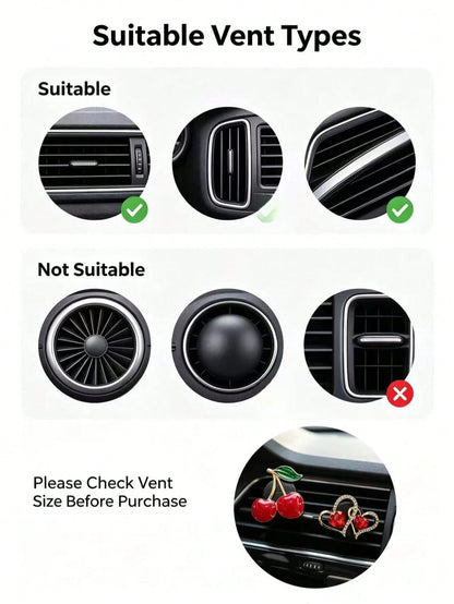 Rhinestone Cherry Double Heart Car Air Vent Aromatherapy Clip, Luxury Red Crystal Air Conditioner Fragrance Clip, Women's Car Decoration For Car Air Vent