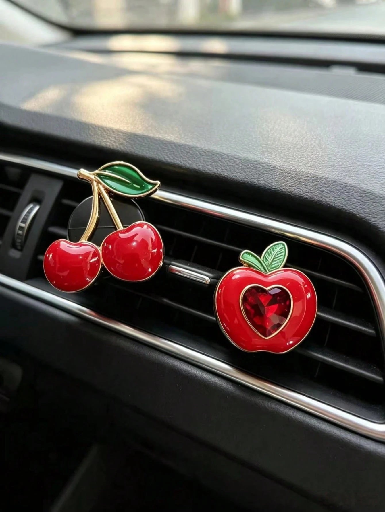 Rhinestone Cherry Double Heart Car Air Vent Aromatherapy Clip, Luxury Red Crystal Air Conditioner Fragrance Clip, Women's Car Decoration For Car Air Vent