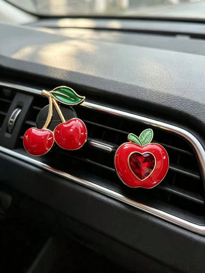 Rhinestone Cherry Double Heart Car Air Vent Aromatherapy Clip, Luxury Red Crystal Air Conditioner Fragrance Clip, Women's Car Decoration For Car Air Vent
