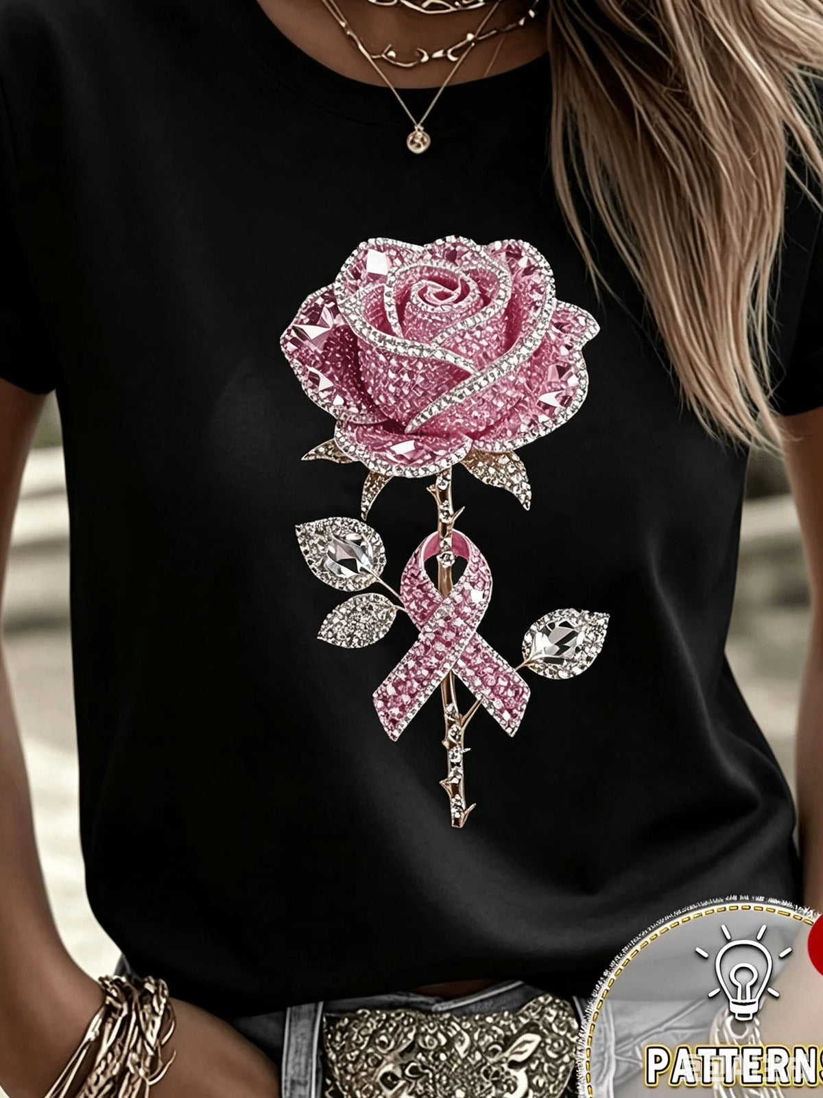Rhinestone Pink Rose Pink Ribbon Print Design, Women'S White Short Sleeve T-Shirt, Comfortable Casual Perfect For Outdoor And Everyday Casual Wear