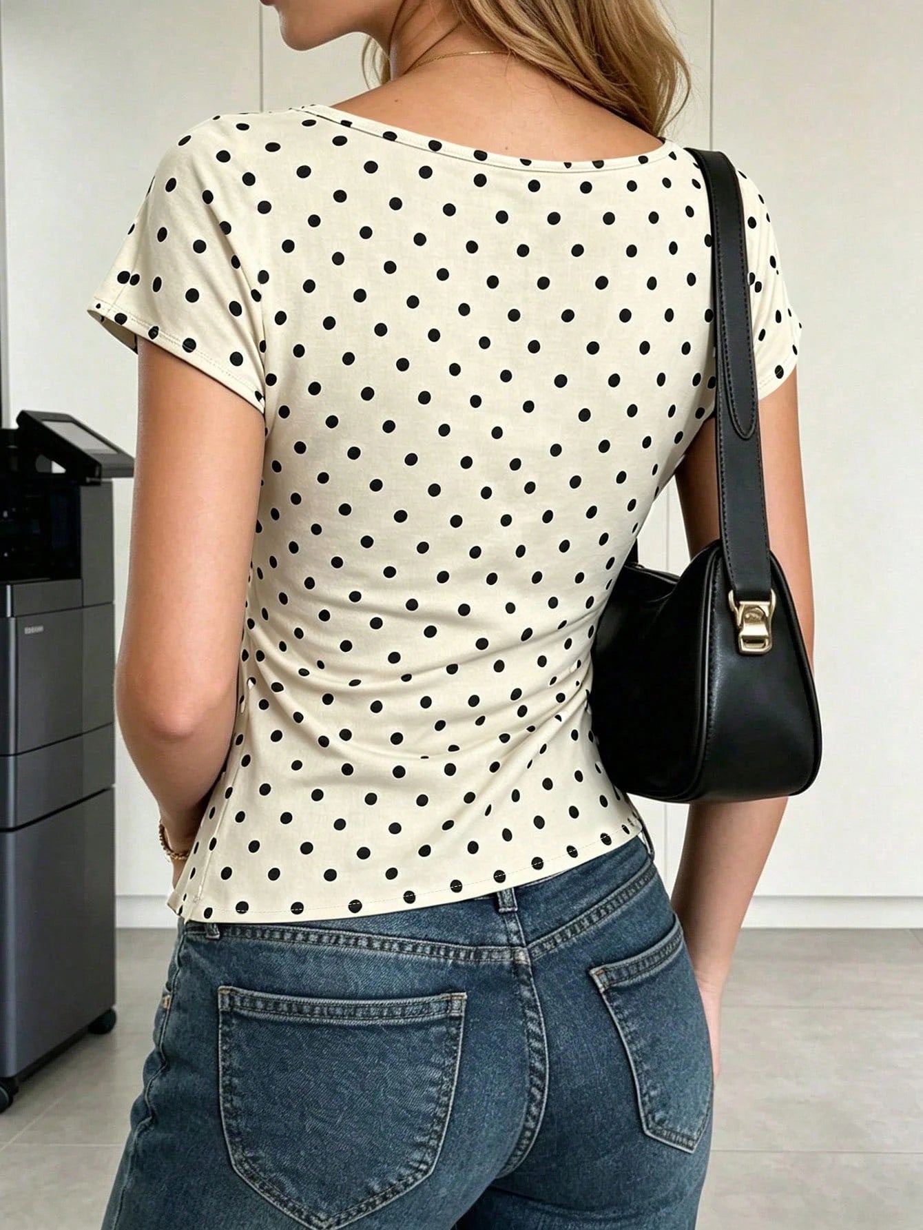 Ritzy Row Women's Brown Shirt, Slim Fit Waist With Split Hem Top, Summer Top, Summer Matching Top, Polka Dot, Brown Top, Commute Office Top, Elegant Casual Top, Summer Top.