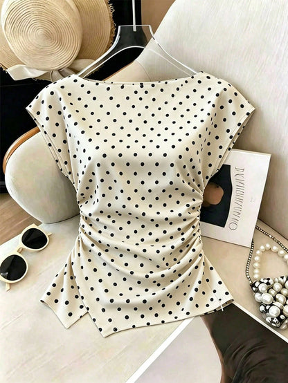 Ritzy Row Women's Brown Shirt, Slim Fit Waist With Split Hem Top, Summer Top, Summer Matching Top, Polka Dot, Brown Top, Commute Office Top, Elegant Casual Top, Summer Top.