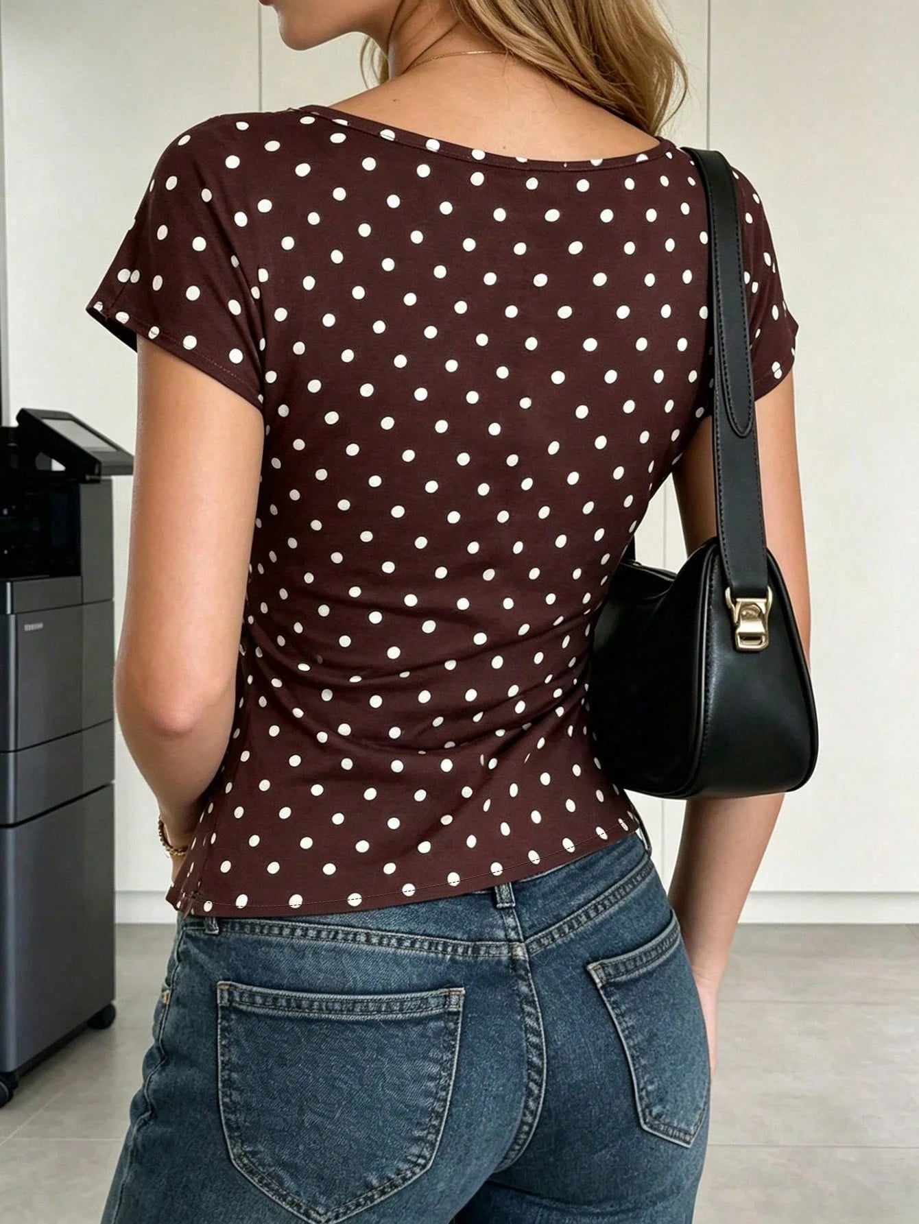 Ritzy Row Women's Brown Shirt, Slim Fit Waist With Split Hem Top, Summer Top, Summer Matching Top, Polka Dot, Brown Top, Commute Office Top, Elegant Casual Top, Summer Top.