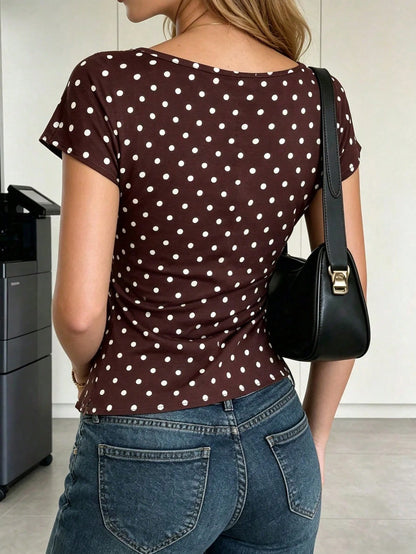 Ritzy Row Women's Brown Shirt, Slim Fit Waist With Split Hem Top, Summer Top, Summer Matching Top, Polka Dot, Brown Top, Commute Office Top, Elegant Casual Top, Summer Top.