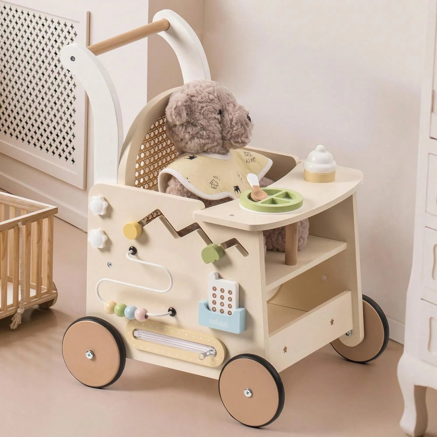 Robotime Wooden Baby Walker, Baby Push Walker, Baby Activity Center- Toddler Walking Activity Center Push Walker With Safety Brake, Baby Walker For Motor Skills