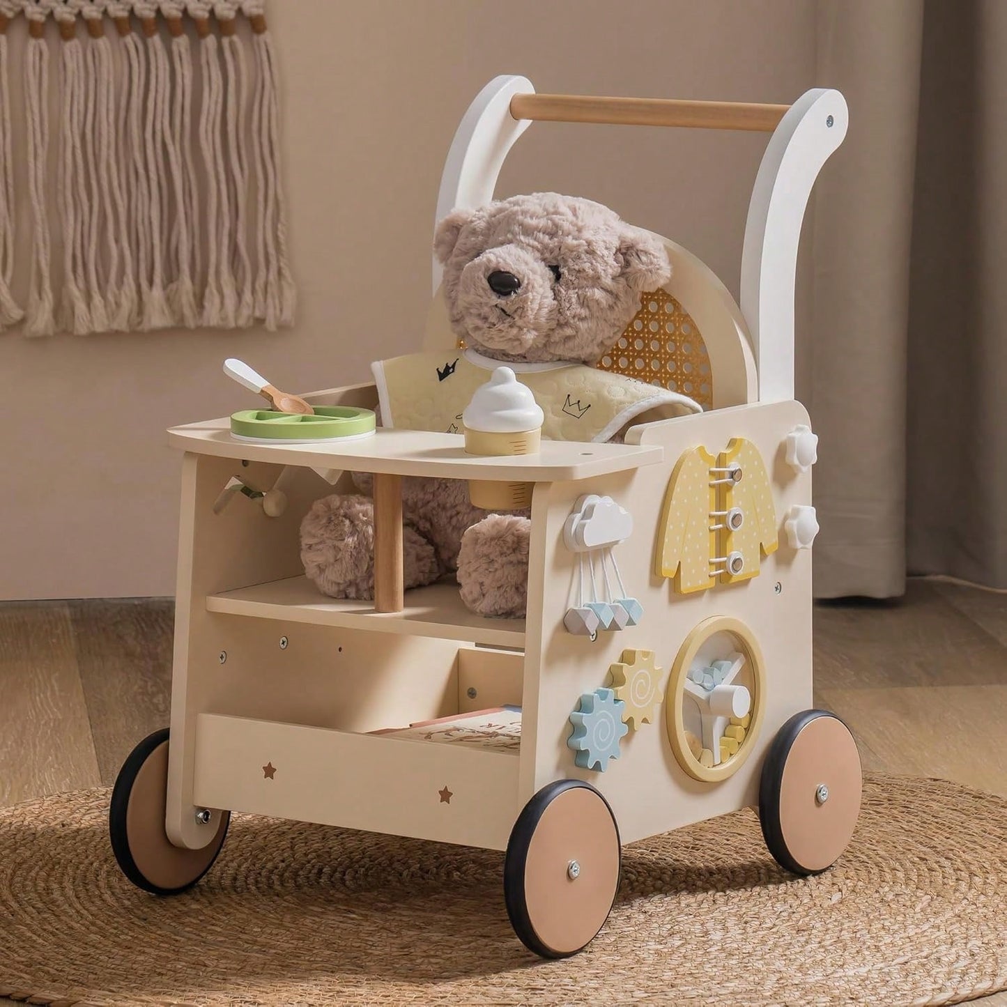 Robotime Wooden Baby Walker, Baby Push Walker, Baby Activity Center- Toddler Walking Activity Center Push Walker With Safety Brake, Baby Walker For Motor Skills