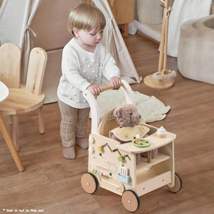 Robotime Wooden Baby Walker, Baby Push Walker, Baby Activity Center- Toddler Walking Activity Center Push Walker With Safety Brake, Baby Walker For Motor Skills