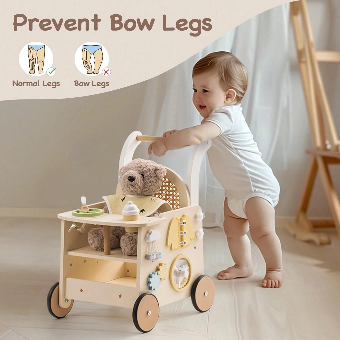 Robotime Wooden Baby Walker, Baby Push Walker, Baby Activity Center- Toddler Walking Activity Center Push Walker With Safety Brake, Baby Walker For Motor Skills