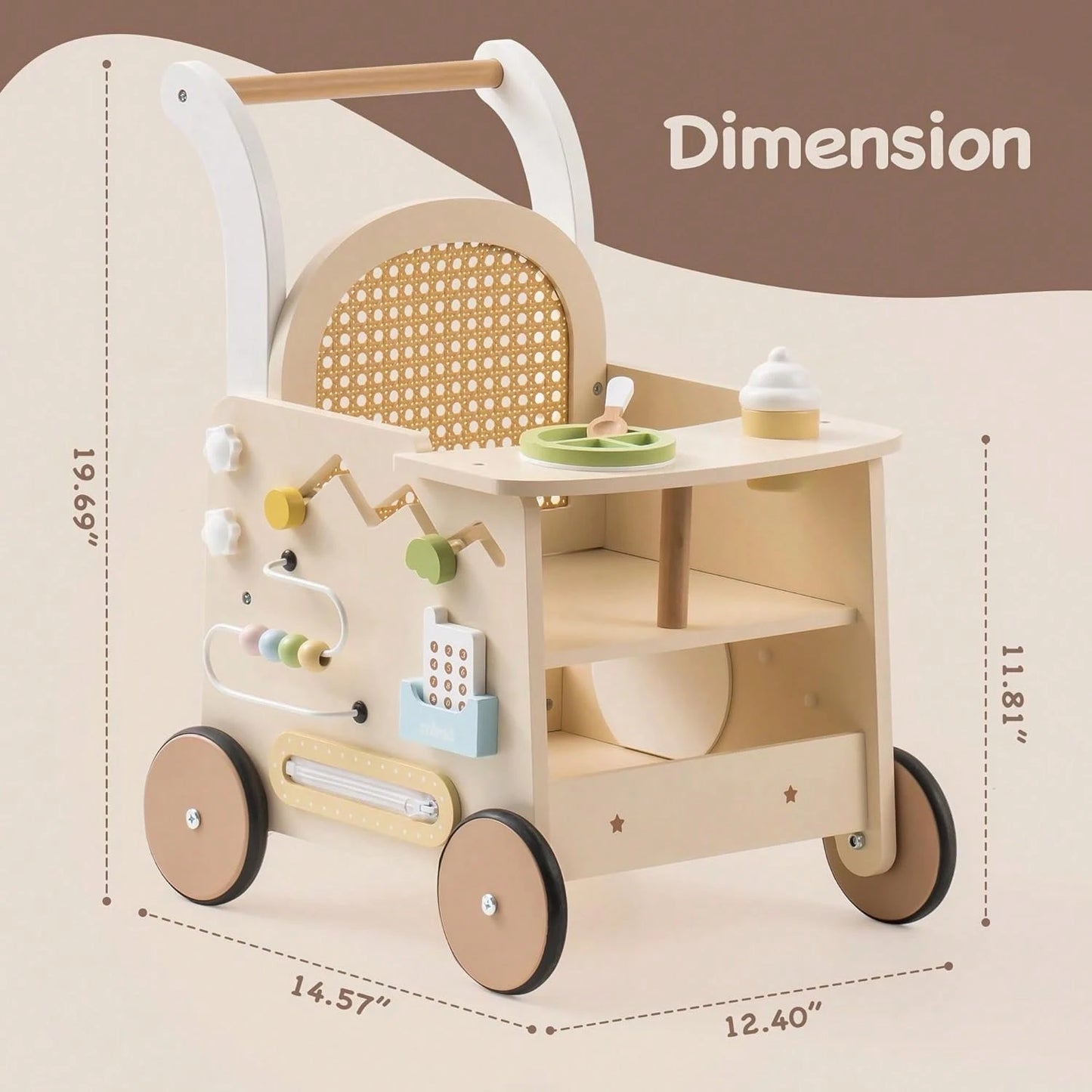 Robotime Wooden Baby Walker, Baby Push Walker, Baby Activity Center- Toddler Walking Activity Center Push Walker With Safety Brake, Baby Walker For Motor Skills