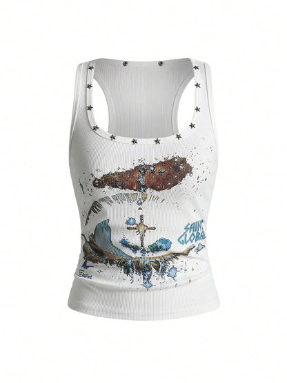 ROMWE Avant Women's Retro Baddie Unisex Streetwear Starry Sky & Rivet Print Tank Top