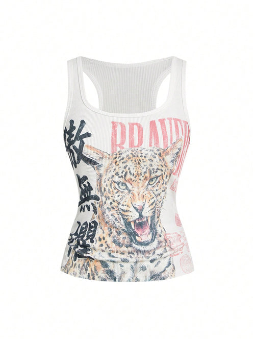 ROMWE Avant Women's Retro New Chinese Style Leopard Chinese & English Print All-Match Tank Top, Versatile