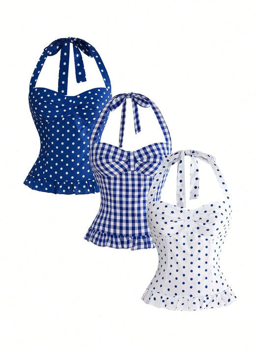ROMWE Avant Women's Romantic Vacation Style Polka Dot & Plaid Backless Halter Neck Camisole Set