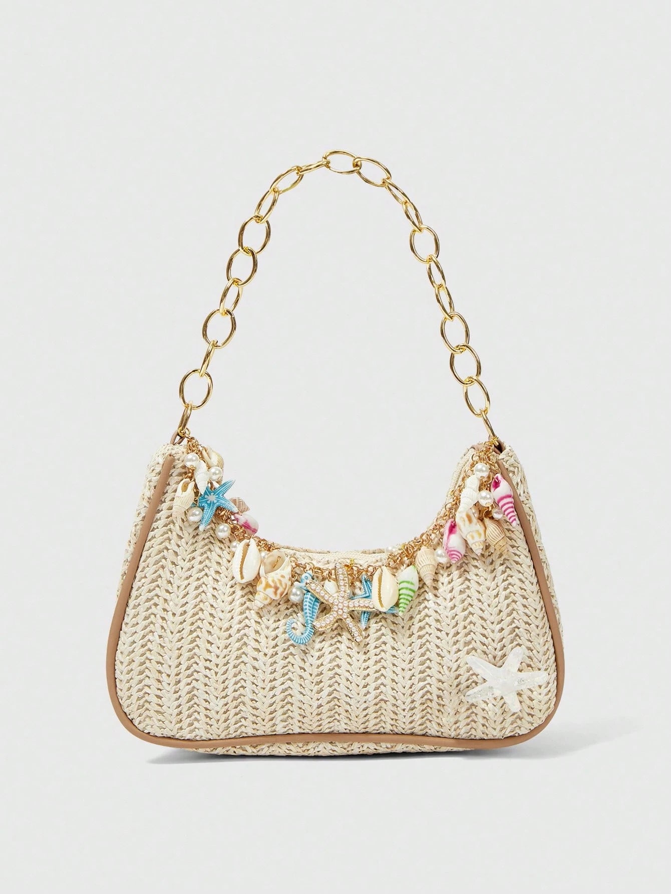 ROMWE Fairycore 1pc Summer Beach Starfish Series Shell & Seashell Woven Shoulder Hand Carry Bag