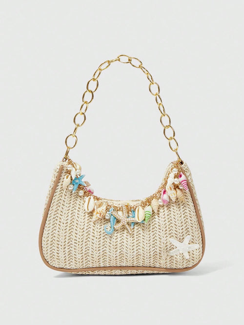ROMWE Fairycore 1pc Summer Beach Starfish Series Shell & Seashell Woven Shoulder Hand Carry Bag
