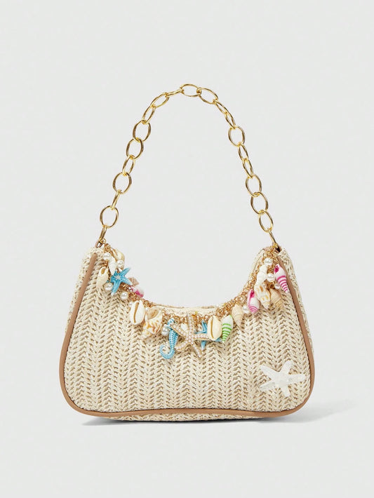 ROMWE Fairycore 1pc Summer Beach Starfish Series Shell & Seashell Woven Shoulder Hand Carry Bag