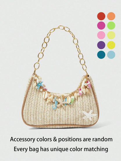 ROMWE Fairycore 1pc Summer Beach Starfish Series Shell & Seashell Woven Shoulder Hand Carry Bag