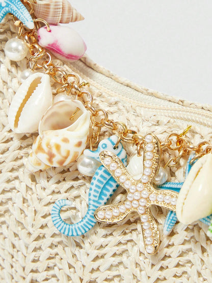 ROMWE Fairycore 1pc Summer Beach Starfish Series Shell & Seashell Woven Shoulder Hand Carry Bag