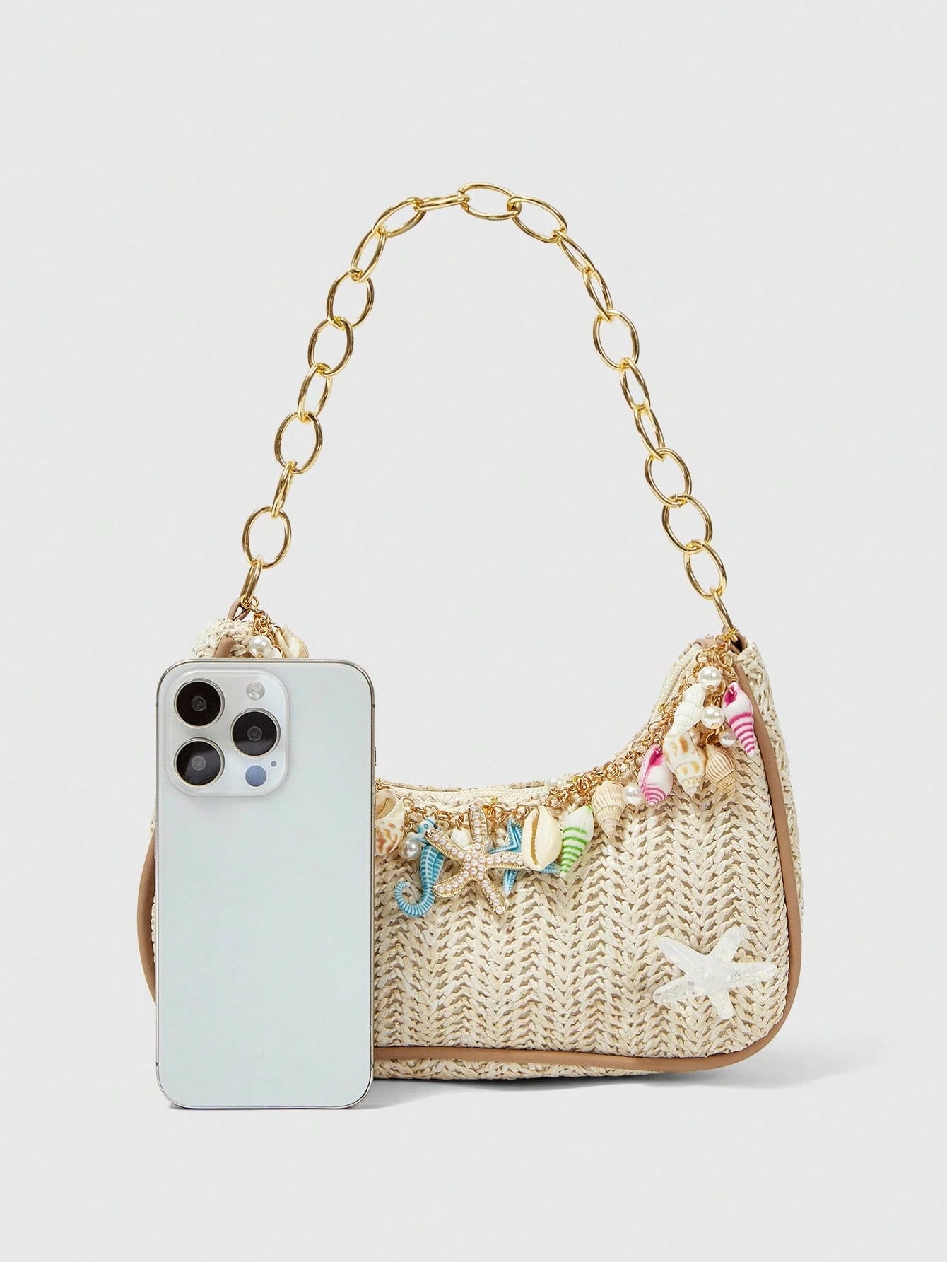ROMWE Fairycore 1pc Summer Beach Starfish Series Shell & Seashell Woven Shoulder Hand Carry Bag