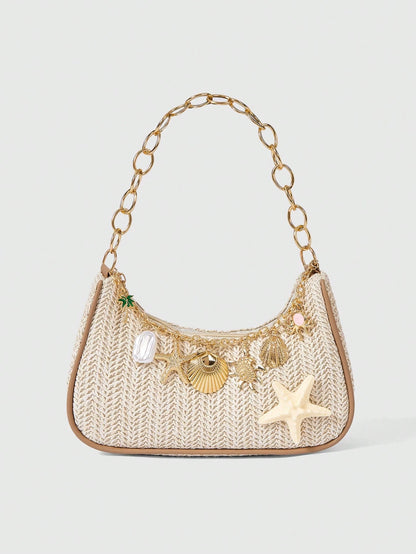 ROMWE Fairycore 1pc Summer Beach Starfish Series Shell & Seashell Woven Shoulder Hand Carry Bag