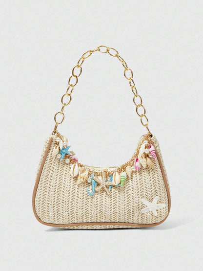 ROMWE Fairycore 1pc Summer Beach Starfish Series Shell & Seashell Woven Shoulder Hand Carry Bag