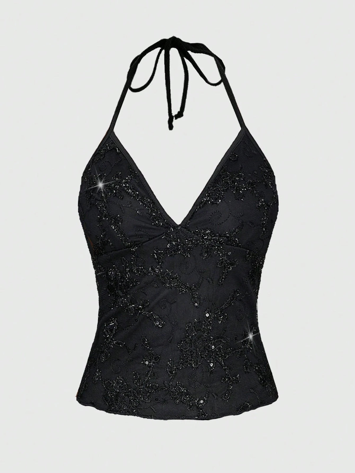 ROMWE Fairycore Summer Fashion Mesh Sequin Embroidered Floral Vine Halter Top