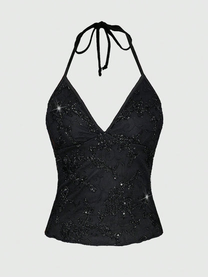 ROMWE Fairycore Summer Fashion Mesh Sequin Embroidered Floral Vine Halter Top