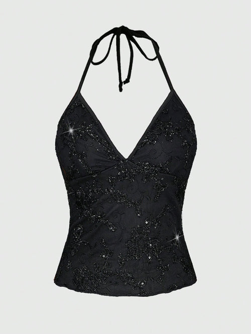 ROMWE Fairycore Summer Fashion Mesh Sequin Embroidered Floral Vine Halter Top