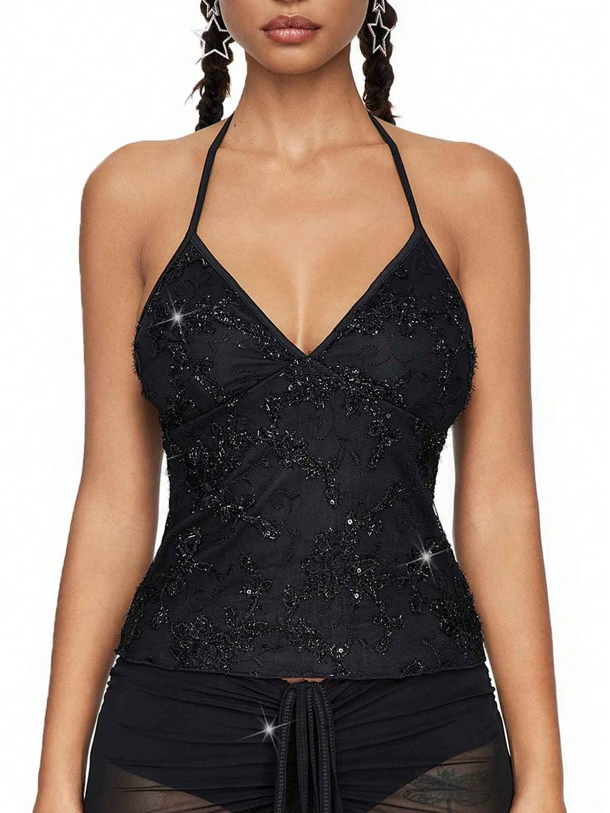 ROMWE Fairycore Summer Fashion Mesh Sequin Embroidered Floral Vine Halter Top