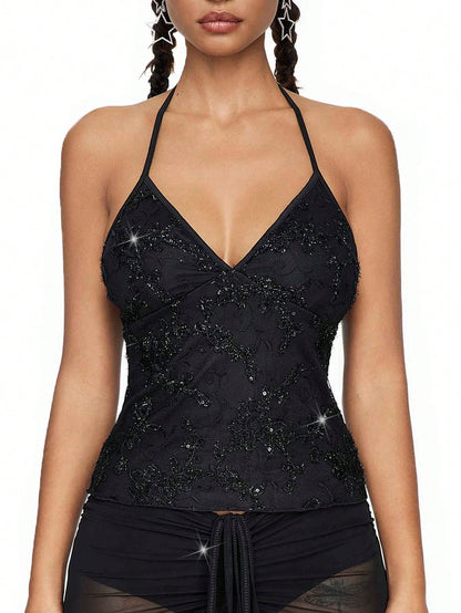 ROMWE Fairycore Summer Fashion Mesh Sequin Embroidered Floral Vine Halter Top