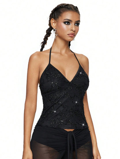 ROMWE Fairycore Summer Fashion Mesh Sequin Embroidered Floral Vine Halter Top