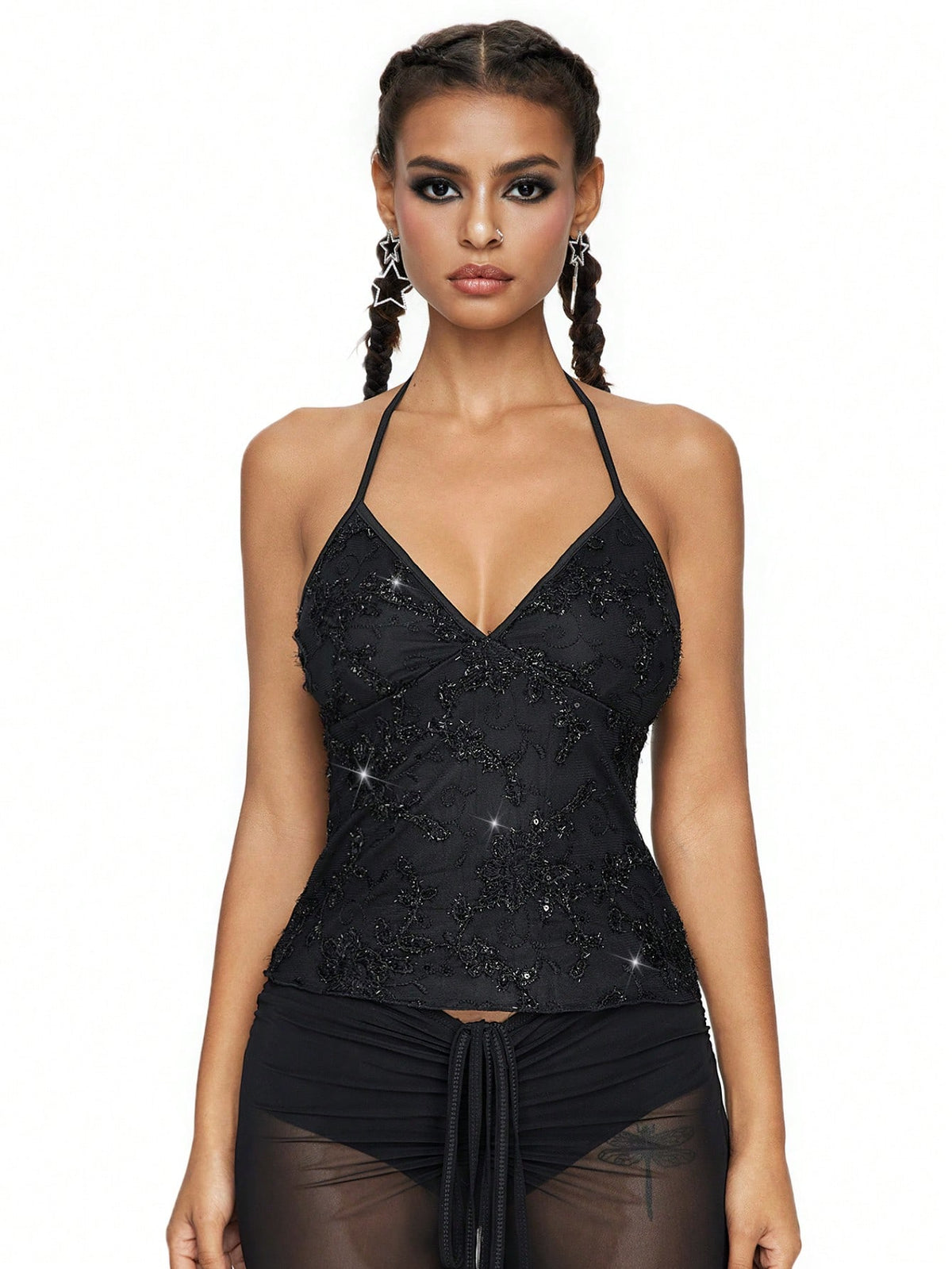 ROMWE Fairycore Summer Fashion Mesh Sequin Embroidered Floral Vine Halter Top