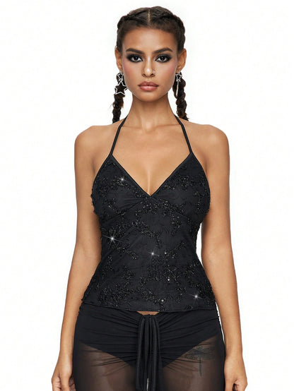 ROMWE Fairycore Summer Fashion Mesh Sequin Embroidered Floral Vine Halter Top