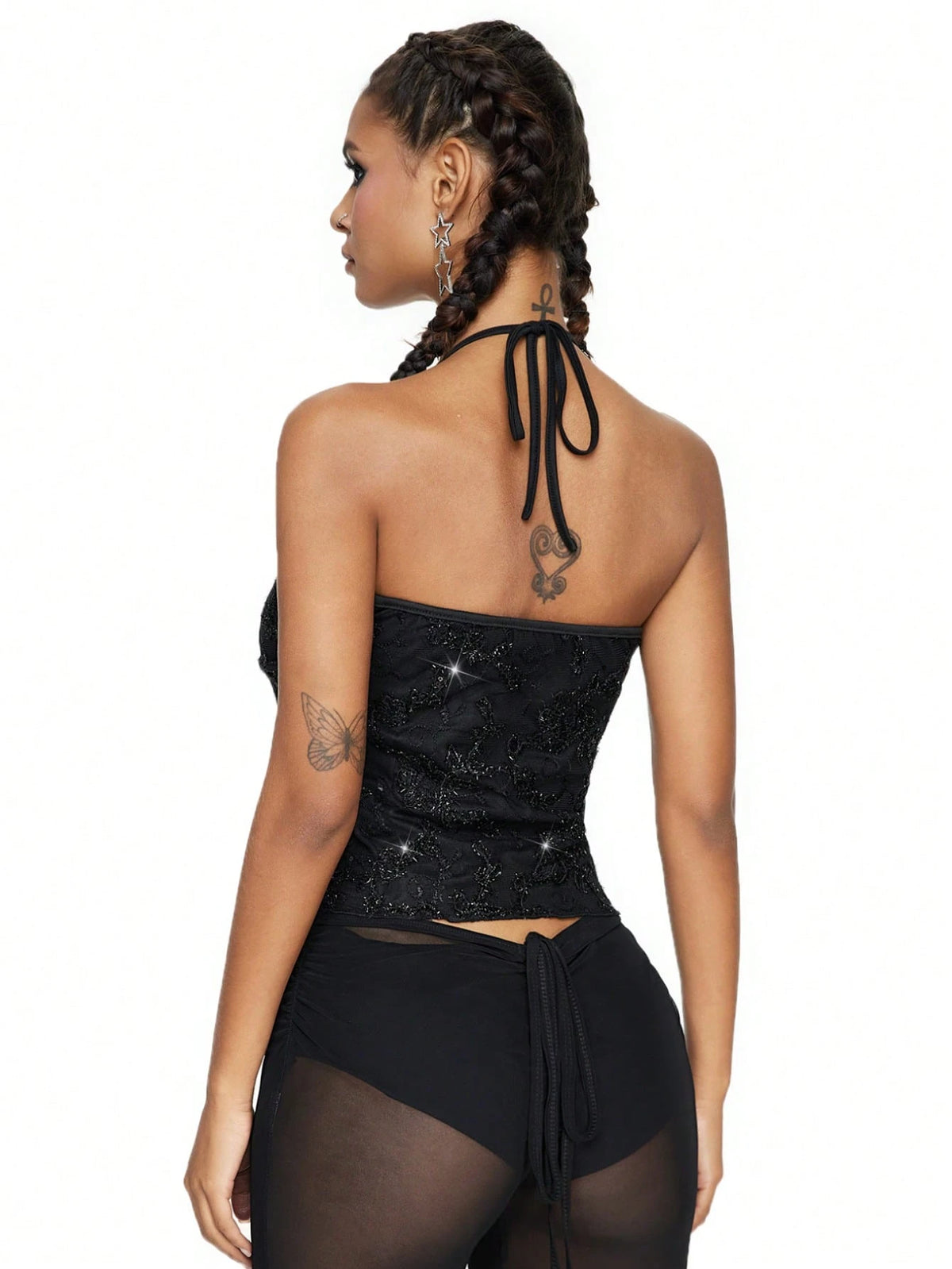 ROMWE Fairycore Summer Fashion Mesh Sequin Embroidered Floral Vine Halter Top
