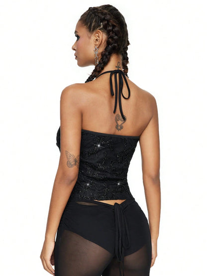 ROMWE Fairycore Summer Fashion Mesh Sequin Embroidered Floral Vine Halter Top