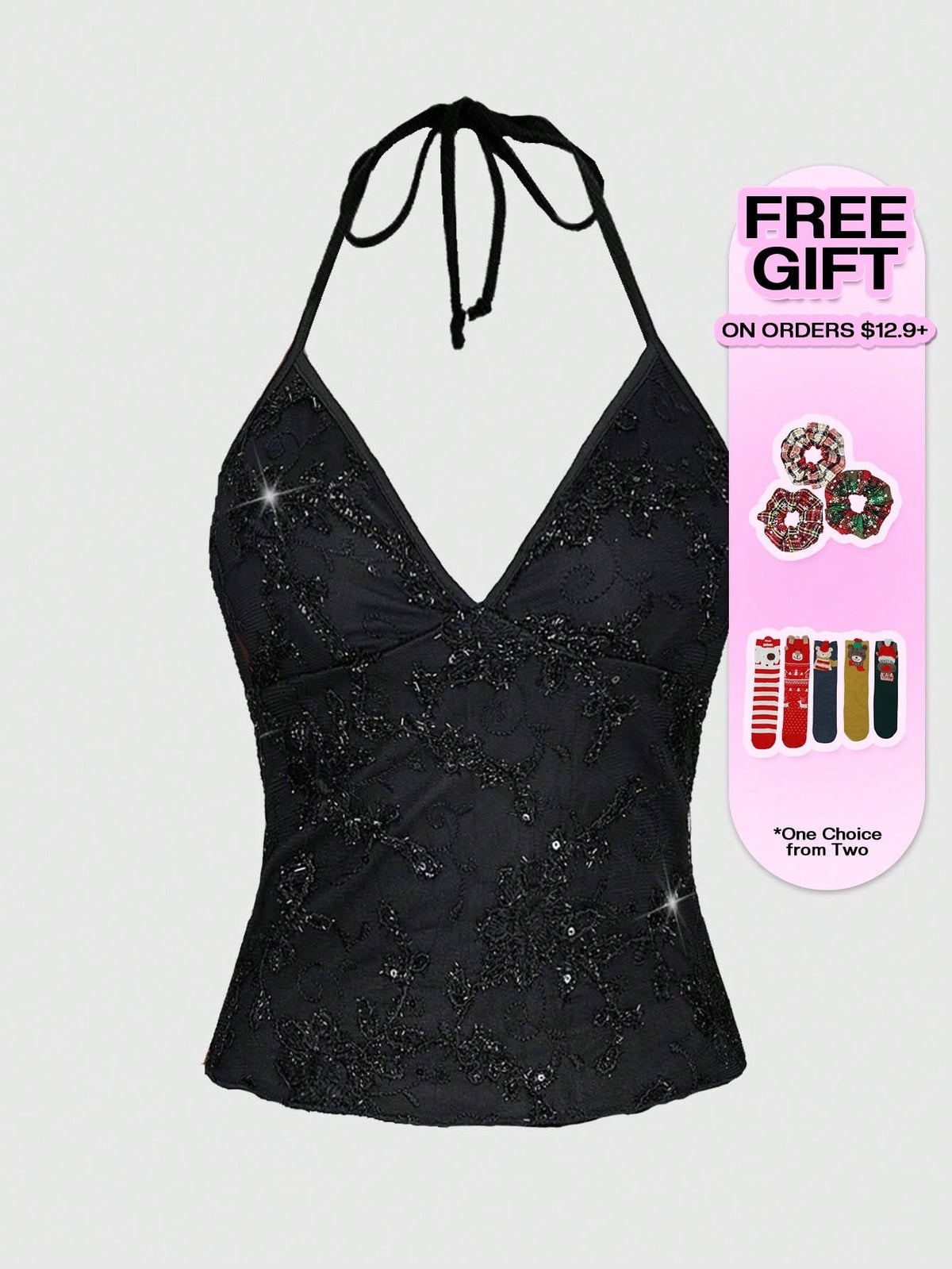 ROMWE Fairycore Summer Fashion Mesh Sequin Embroidered Floral Vine Halter Top