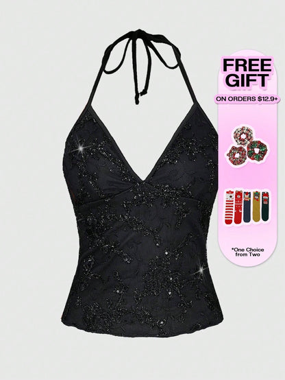 ROMWE Fairycore Summer Fashion Mesh Sequin Embroidered Floral Vine Halter Top